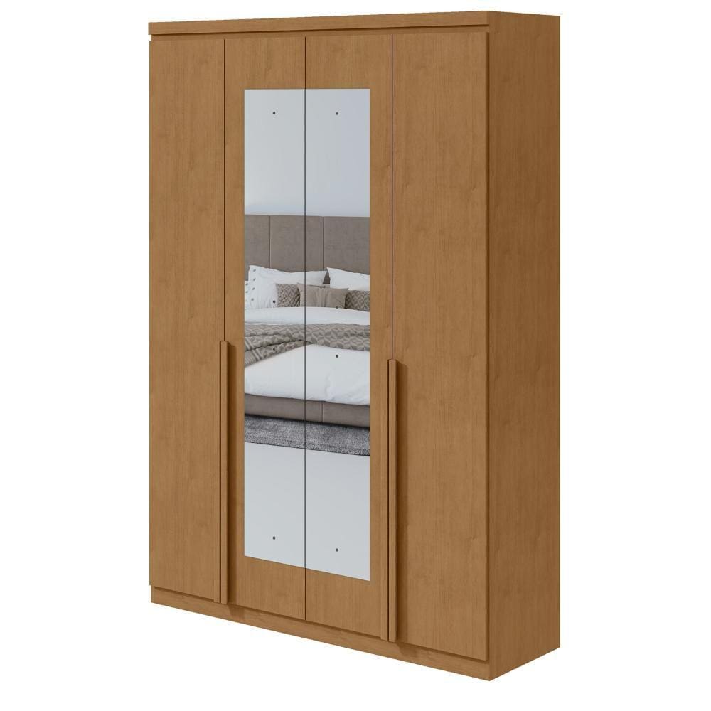 Guarda-Roupa Solteiro Alonzo 4 portas 2 Gavetas Com Espelho Amêndoa Clean