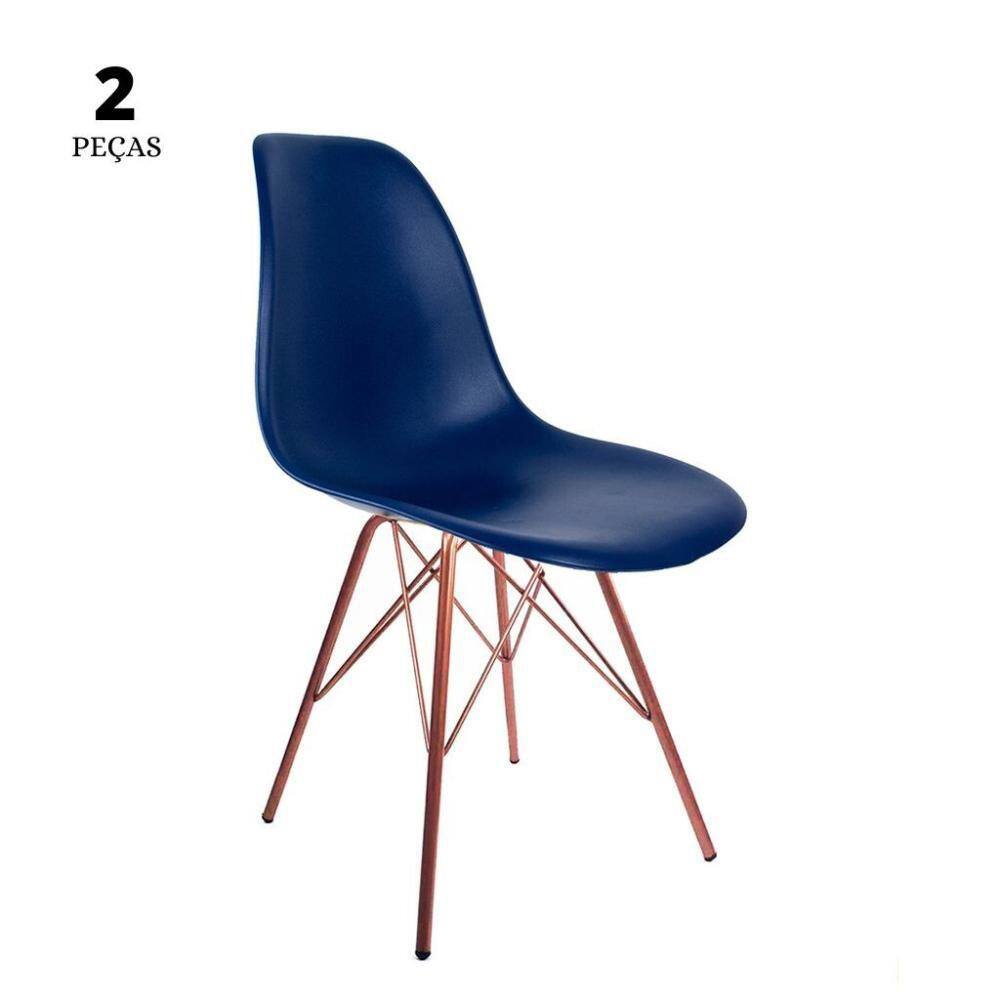 Conjunto Com 2 Cadeiras Eames Tower Azul Bic Base Cobre - Azul