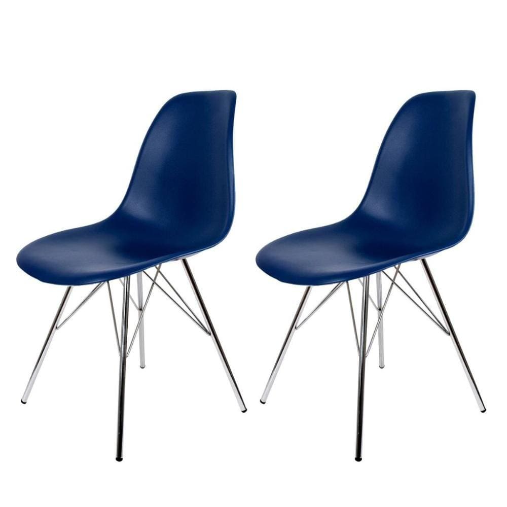 Conjunto Com 2 Cadeiras Eames Tower Azul Bic Base Em Aço Cromado - Azul