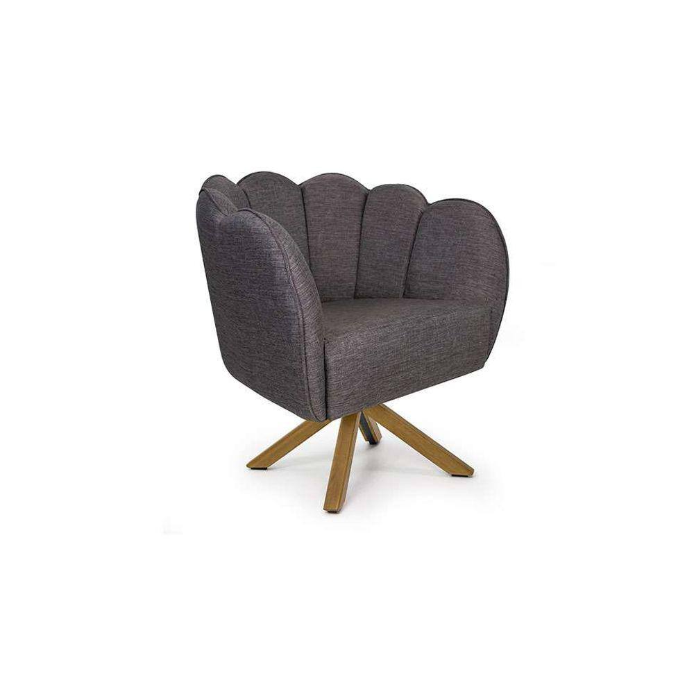 poltrona ariel giratória linho mescla marrom e madeira