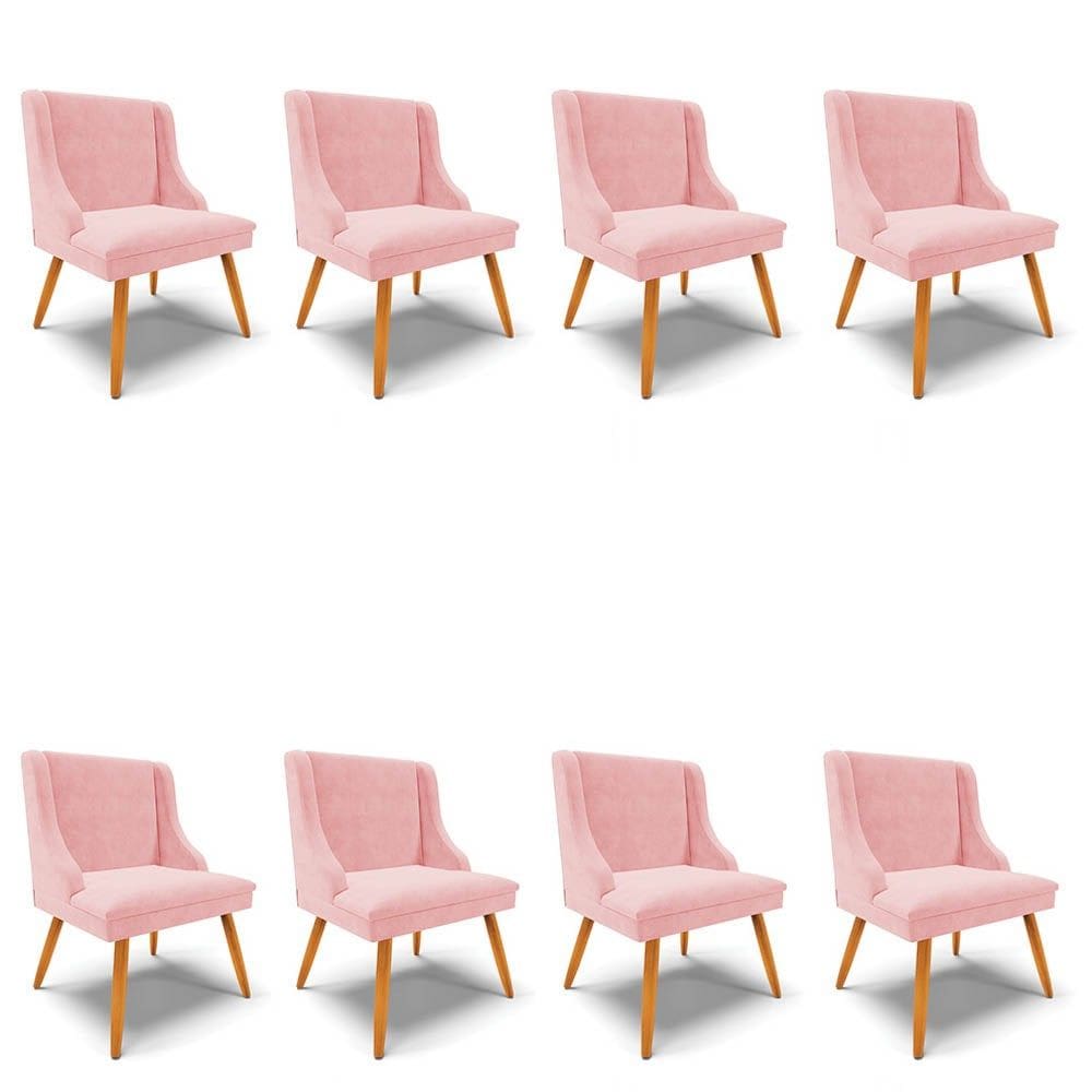 Kit 8 Cadeiras Estofadas para Sala de Jantar Pés Palito Lia Suede Rosa Bebê - Ibiza