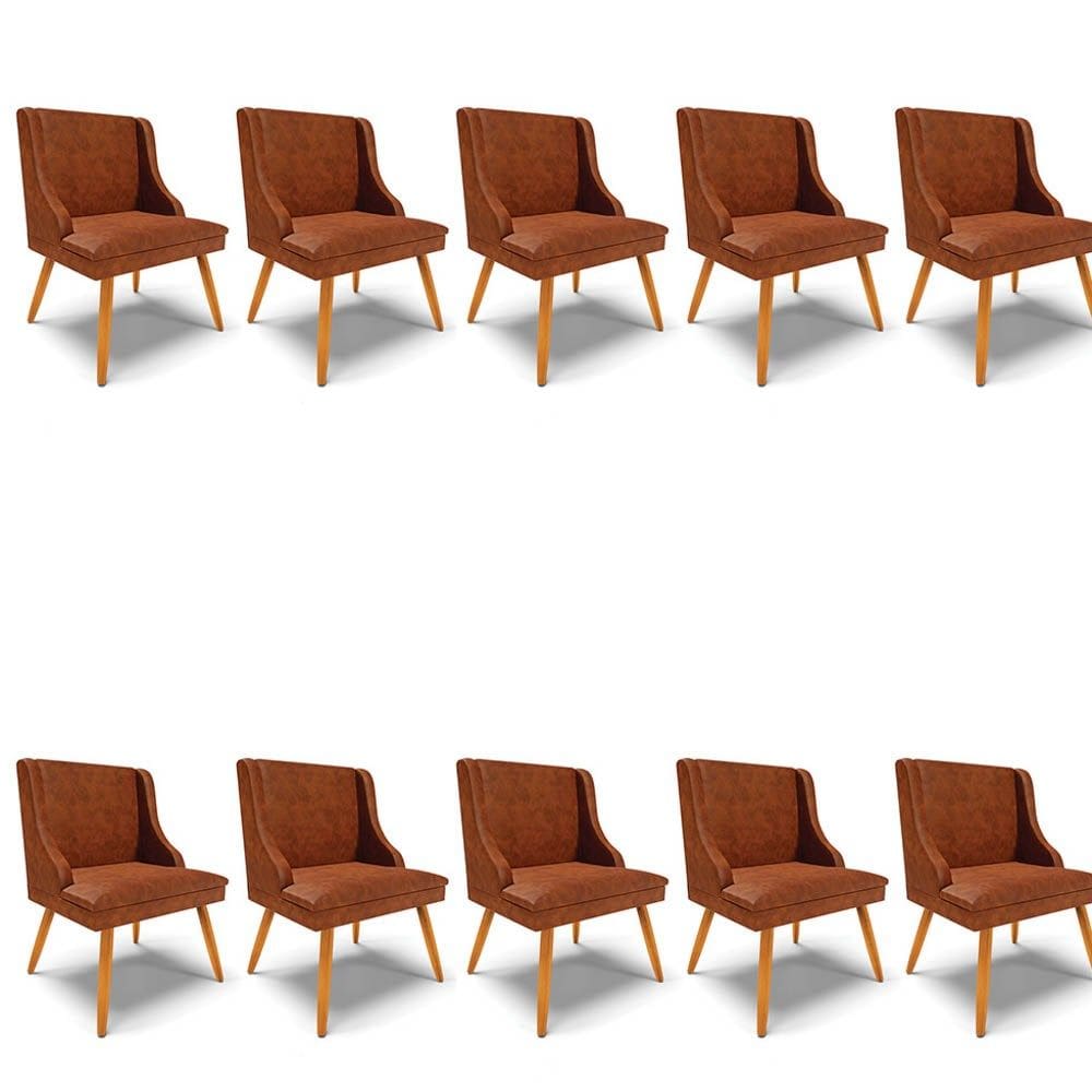 Kit 10 Cadeiras Estofadas para Sala de Jantar Pés Palito Lia Sintético Premium Nozes - Ibiza