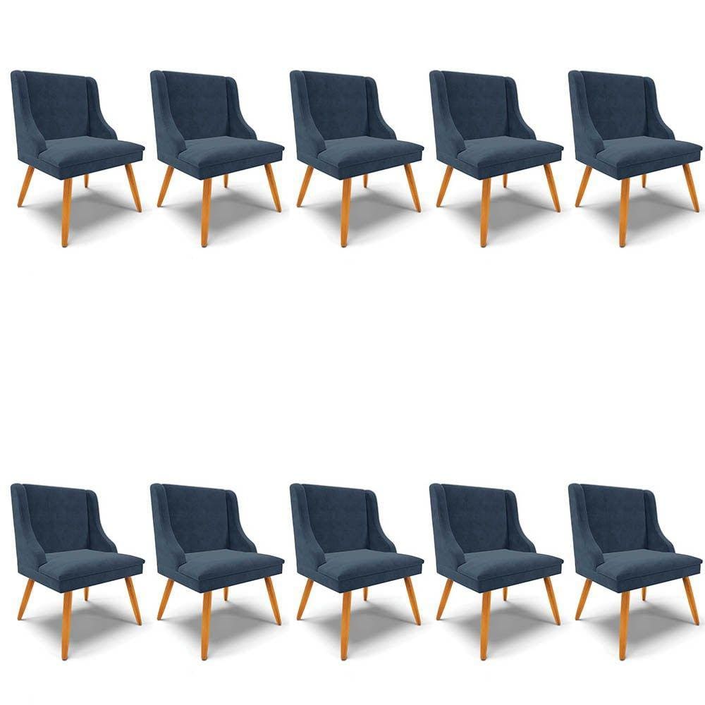 Kit 10 Cadeiras Estofadas para Sala de Jantar Pés Palito Lia Suede Azul Marinho - Ibiza