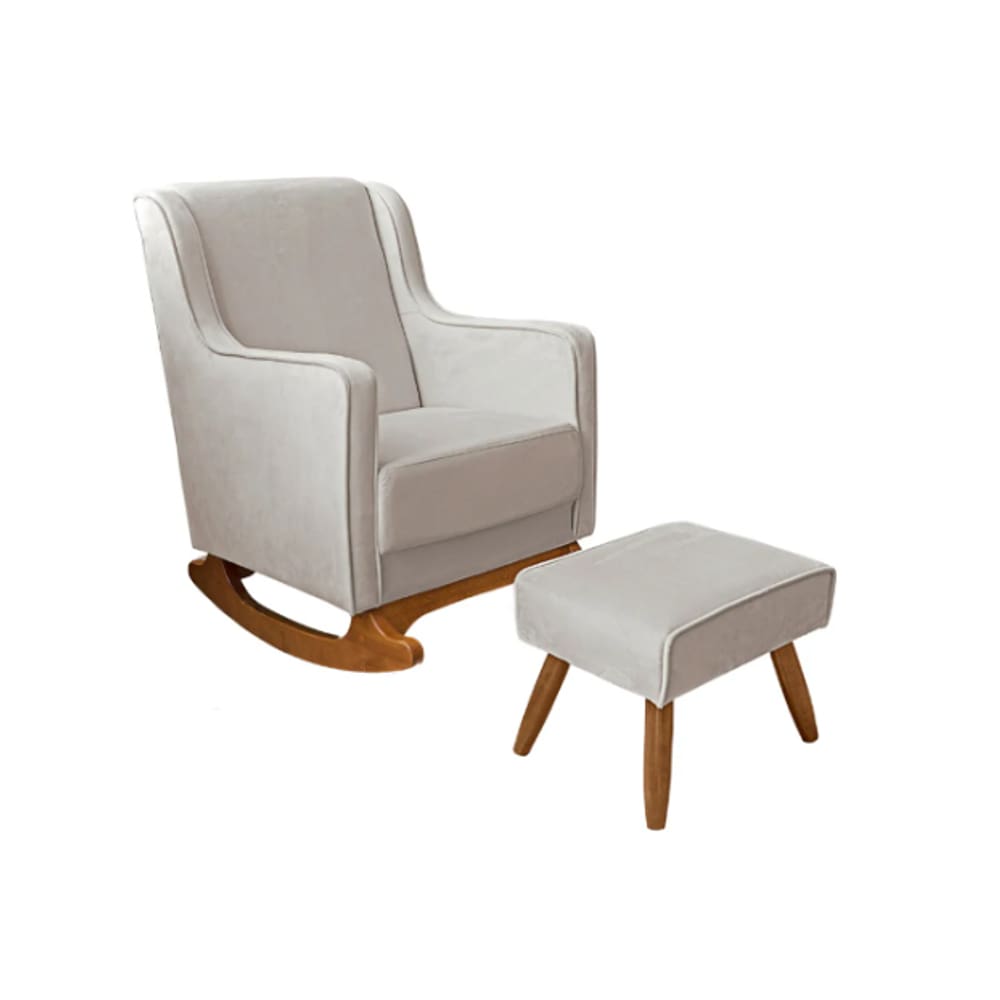 Cadeira Poltrona de Amamentação e Balanço C/ Puff Veludo Off White - Lahome Decor