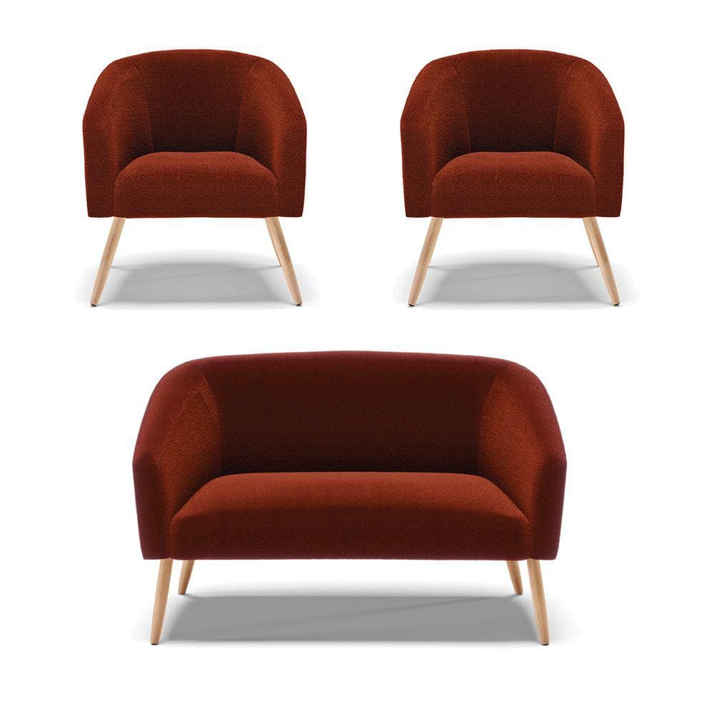 Kit 1 Sofá Namoradeira e 2 Poltronas Stella Bouclê Pés Palito Natural - D`Rossi