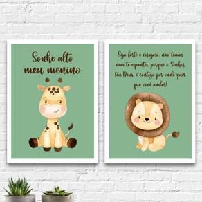 Kit 2 Quadros Infantil Tema Safari Sonhe Alto 33X24Cm Branca