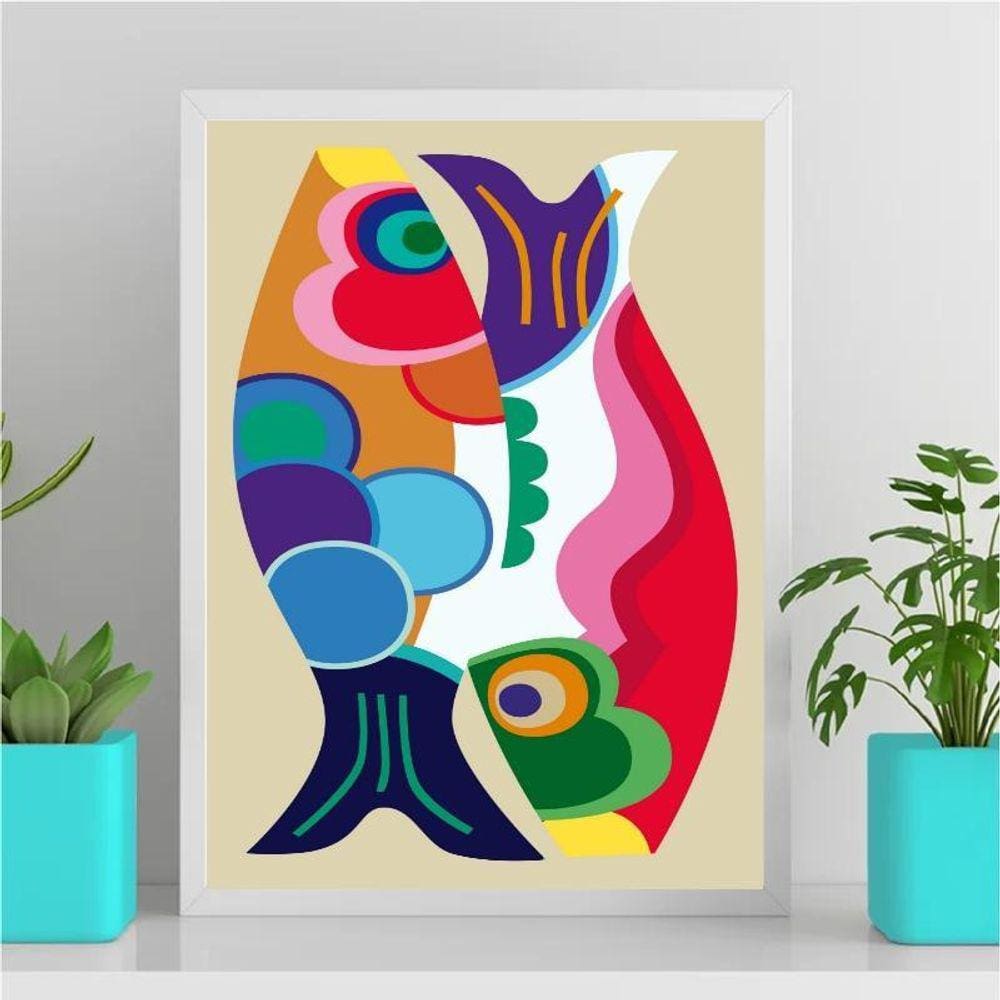 Quadro Decorativo Peixes Abstratos 45x34cm - Madeira Branca