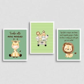 Kit 3 Quadros Tema Safari Infantil 45x34cm - Vidro Branca