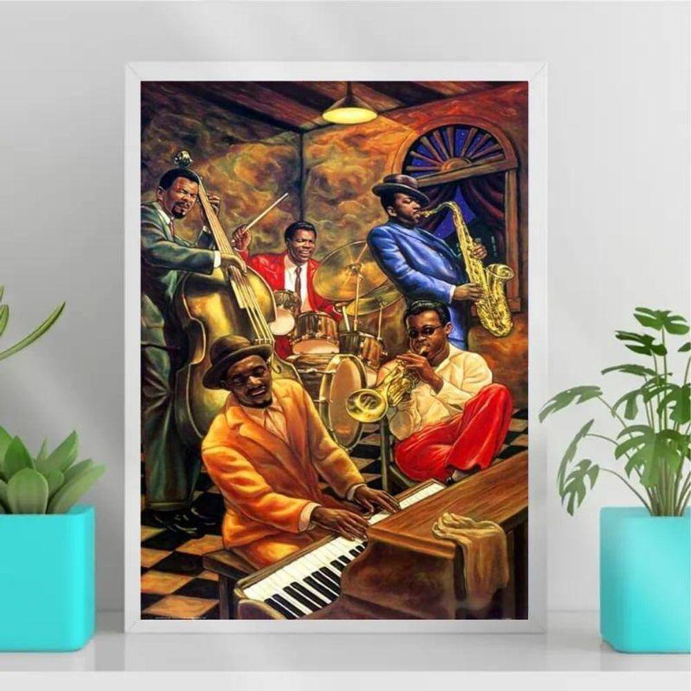 Quadro Decorativo Jazz Band New Orleans 45x34cm Vidro Branca