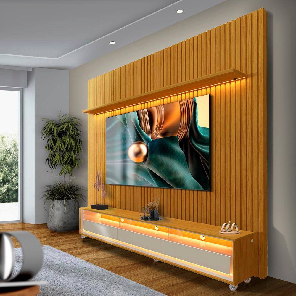 Painel Com Rack Com Rodízio 85 Polegadas Naturale Off White Gnar Shop Jm - Marrom