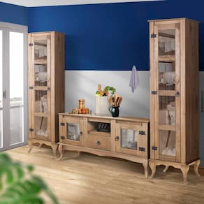 Kit Cozinha Rústica Madeira Maciça 3 Peças Portas Em Vidro Marrom Shop JM