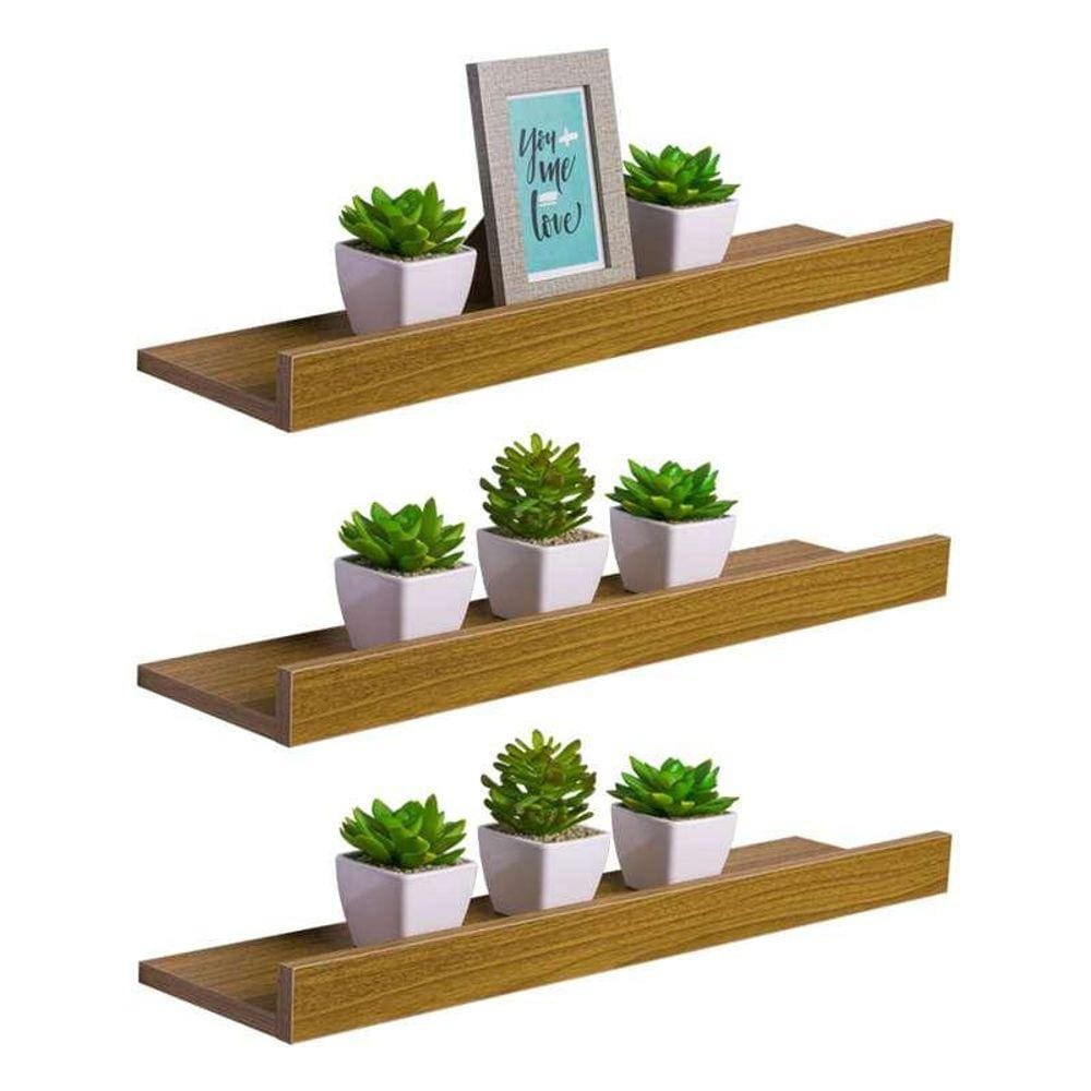 Kit 3 Prateleiras Porta Quadros 70 x 15cm Freijó Suporte Invisível