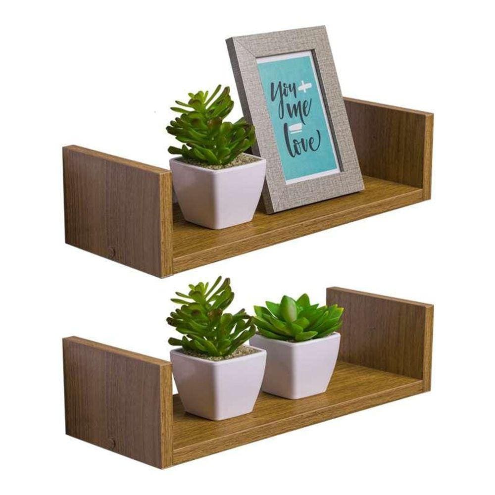 Kit 2 Prateleiras U 50 x 10cm Freijó Suporte Invisível