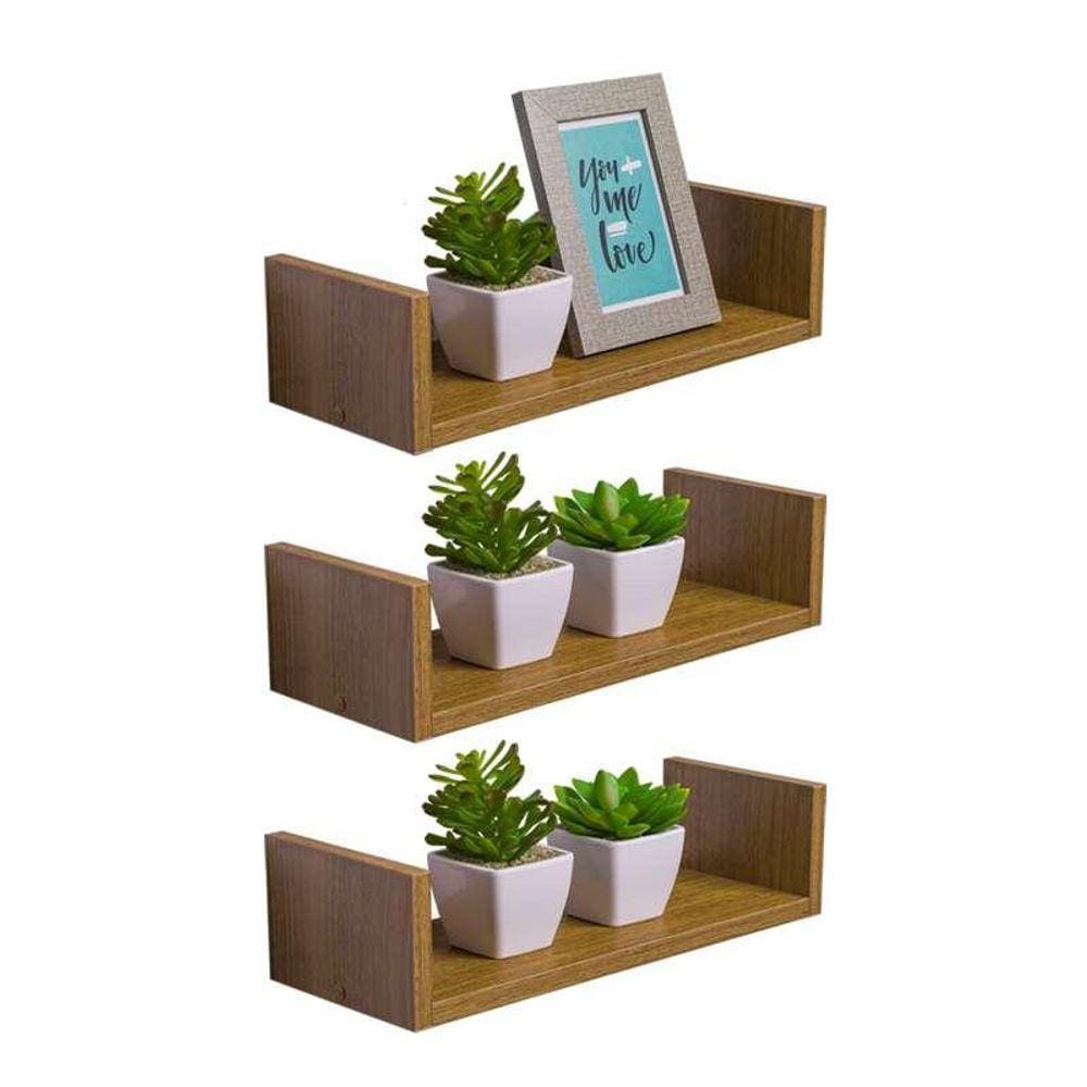 Kit 3 Prateleiras U 50 x 10cm Freijó Suporte Invisível