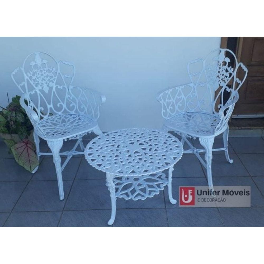 Conjunto de Mesa Para Jardim Floral com 2 Poltronas e Mesa Baixa em Alumínio Fundido Unifer Móveis