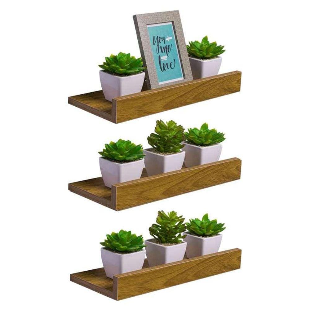 Kit 3 Prateleiras Porta Quadros 60 x 15cm Freijó Suporte Invisível