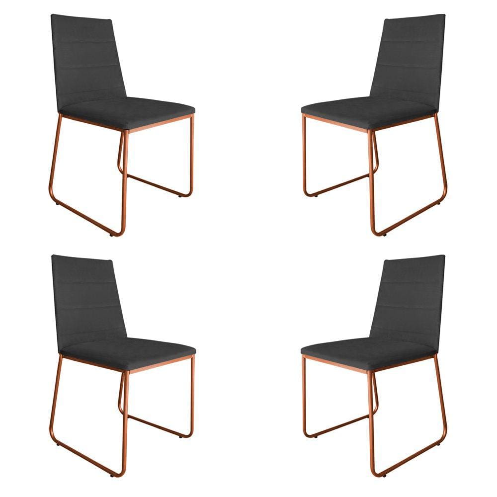 Kit 4 Cadeiras de Jantar Estofada Lille Base Bronze Veludo Cinza - Montanaris Decor
