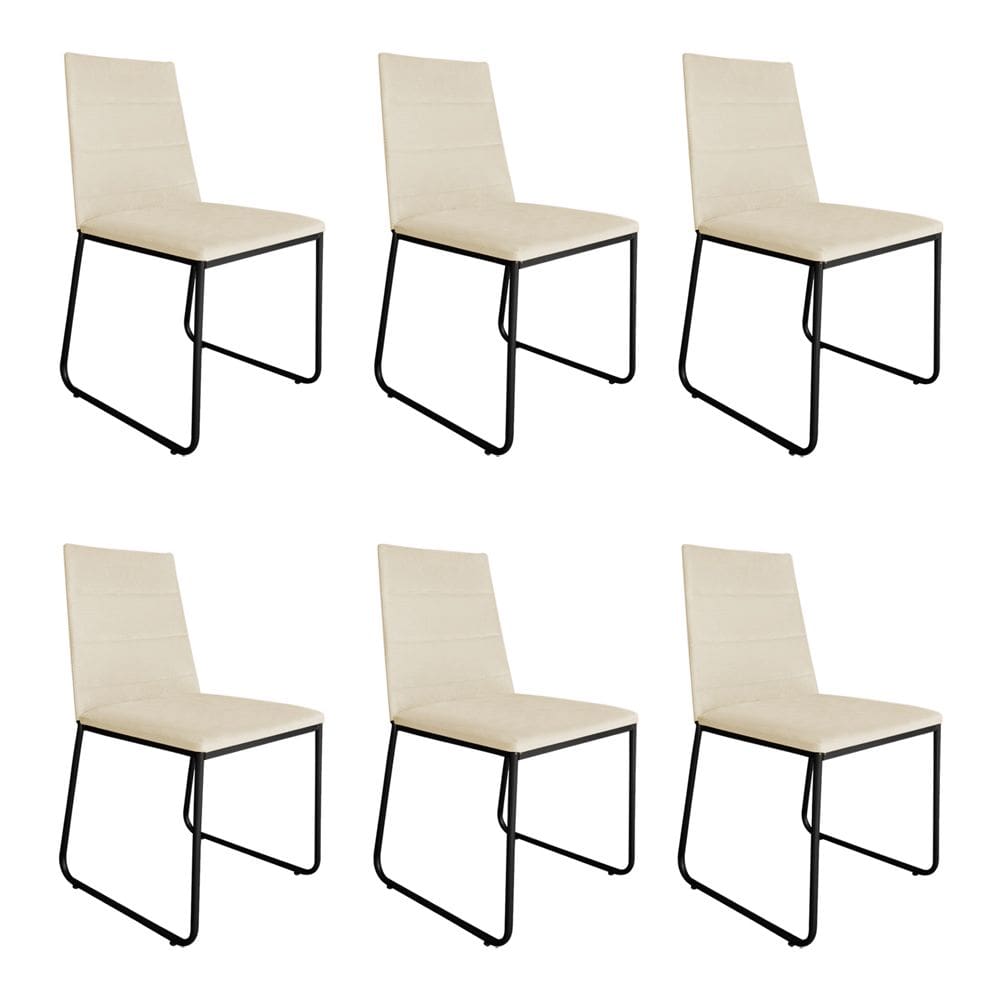 Kit 6 Cadeiras de Jantar Estofada Lille Base Preta Veludo Bege - Montanaris Decor