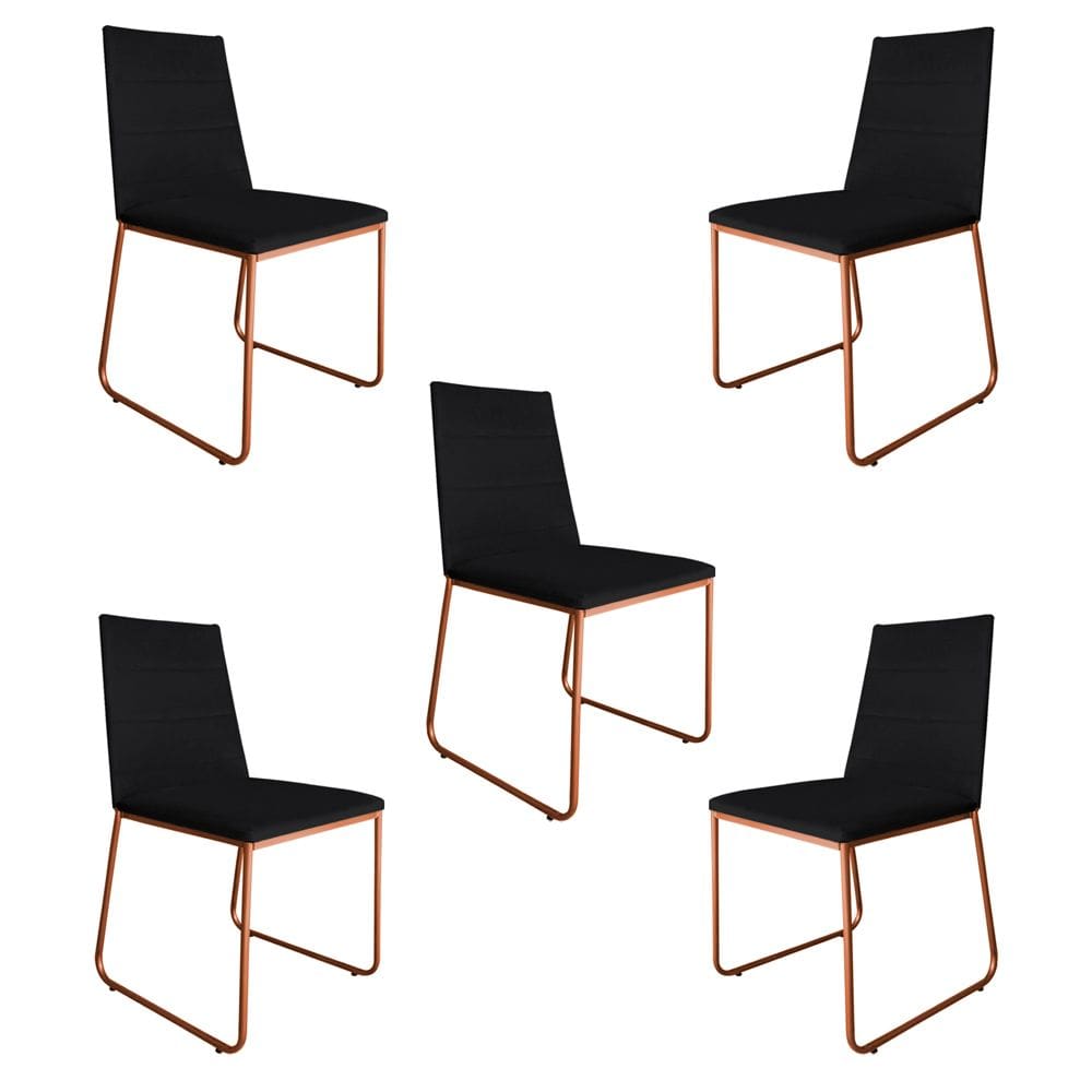 Kit 5 Cadeiras de Jantar Estofada Lille Base Bronze Veludo Preto - Montanaris Decor