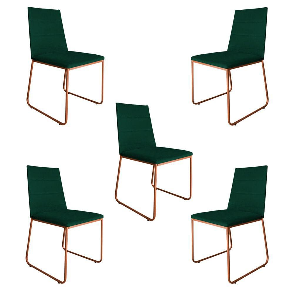 Kit 5 Cadeiras de Jantar Estofada Lille Base Bronze Veludo Verde - Montanaris Decor