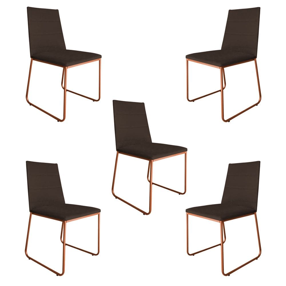 Kit 5 Cadeiras de Jantar Estofada Lille Base Bronze Veludo Marrom - Montanaris Decor
