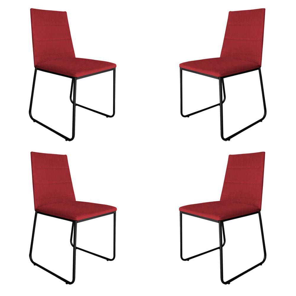Kit 4 Cadeiras de Jantar Estofada Lille Base Preta Veludo Vermelho - Montanaris Decor