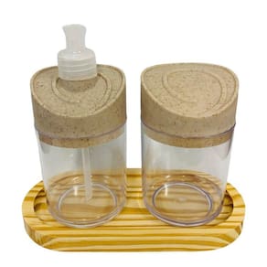 Kit Banheiro Transparente c/ 2 peças + Bandeja de Madeira
