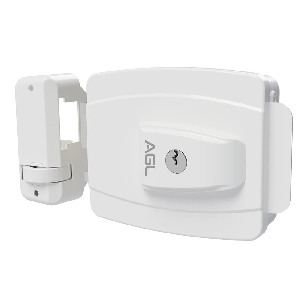 Fechadura AL100 42mm abert interna furação conv 12V branca AGL