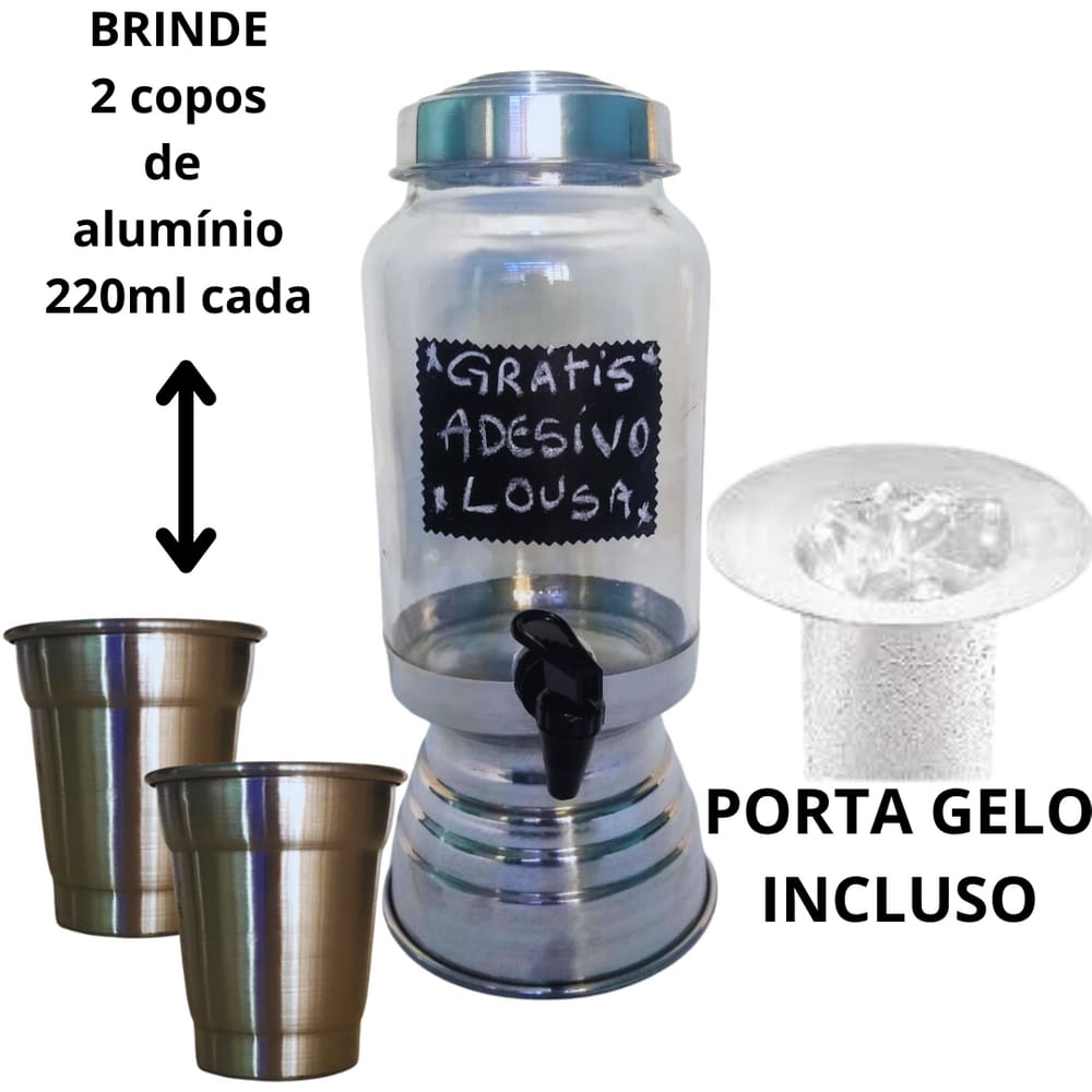 Dispenser de bebida de vidro com porta gelo 2 copos Suqueira refresqueira