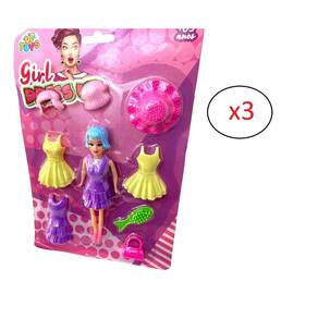 Brinquedo Bonequinha Troca De Roupa Com Acessórios- Kit 3Un