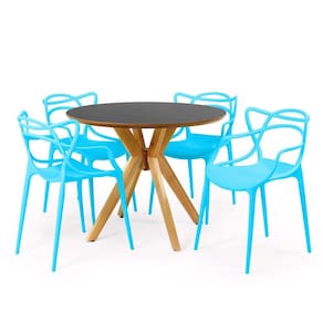 Conjunto Mesa de Jantar Redonda Marci Premium Preta 100cm com 4 Cadeiras Allegra - Azul