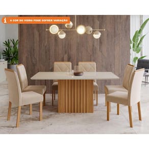 Conjunto Sala de Jantar Ana 180X90 Tampo MDF/Vidro 6 Cadeiras Fernanda Cimol Nature/Off White/Madeira/Nude