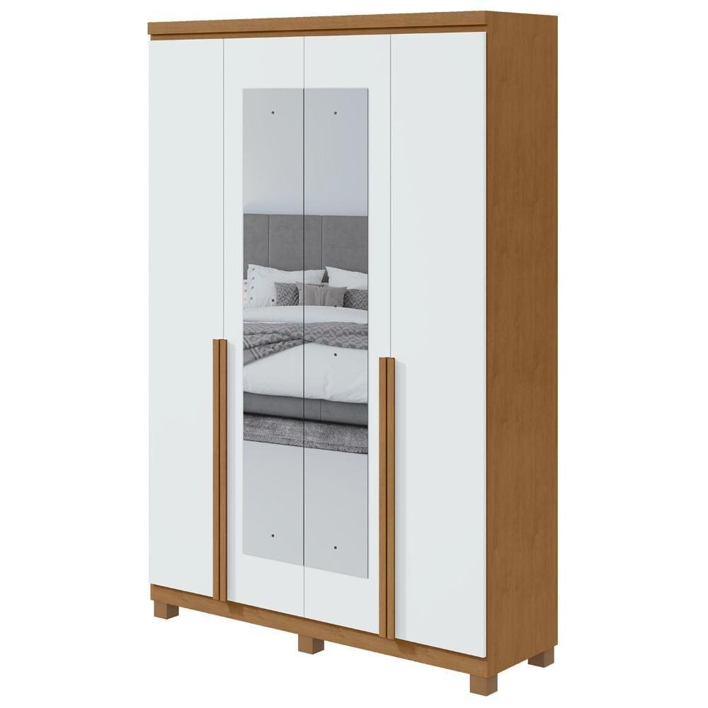 Guarda-Roupa Solteiro Alonzo 4 portas 2 Gavetas Com Espelho Amêndoa Clean/Branco