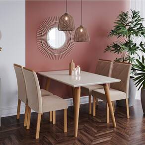 Conjunto Sala de Jantar Adele 130X80 Tampo MDF/Vidro 4 Cadeiras Fernanda Cimol Madeira/Off White/Nude