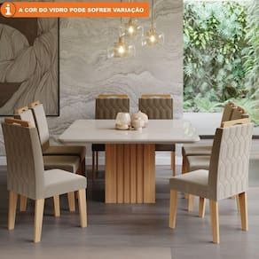 Conjunto Sala de Jantar Ana 130X130 Tampo MDF/Vidro 8 Cadeiras Paola Cimol Nature/Off White/Joli
