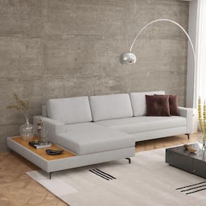 Sofá em Linho 322cm Chaise Esquerdo e Deck Loft Cinza