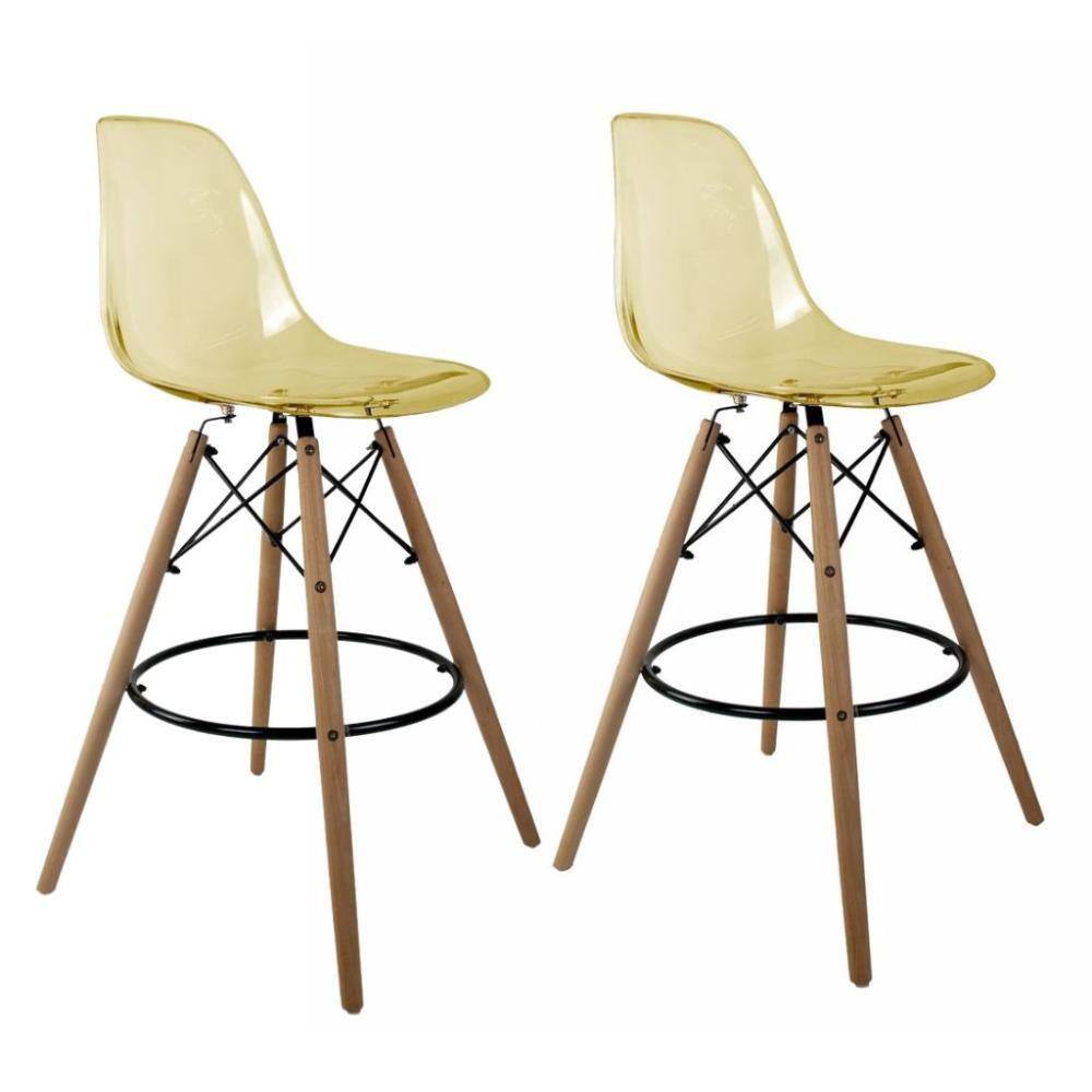 Conjunto Com 2 Banquetas Eames Ambar  Base Em Madeira - Amarelo