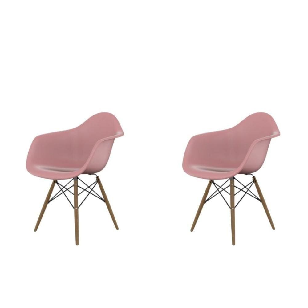 Conjunto Com 2 Cadeiras Eames Com Braço Rosa  Base Em Madeira