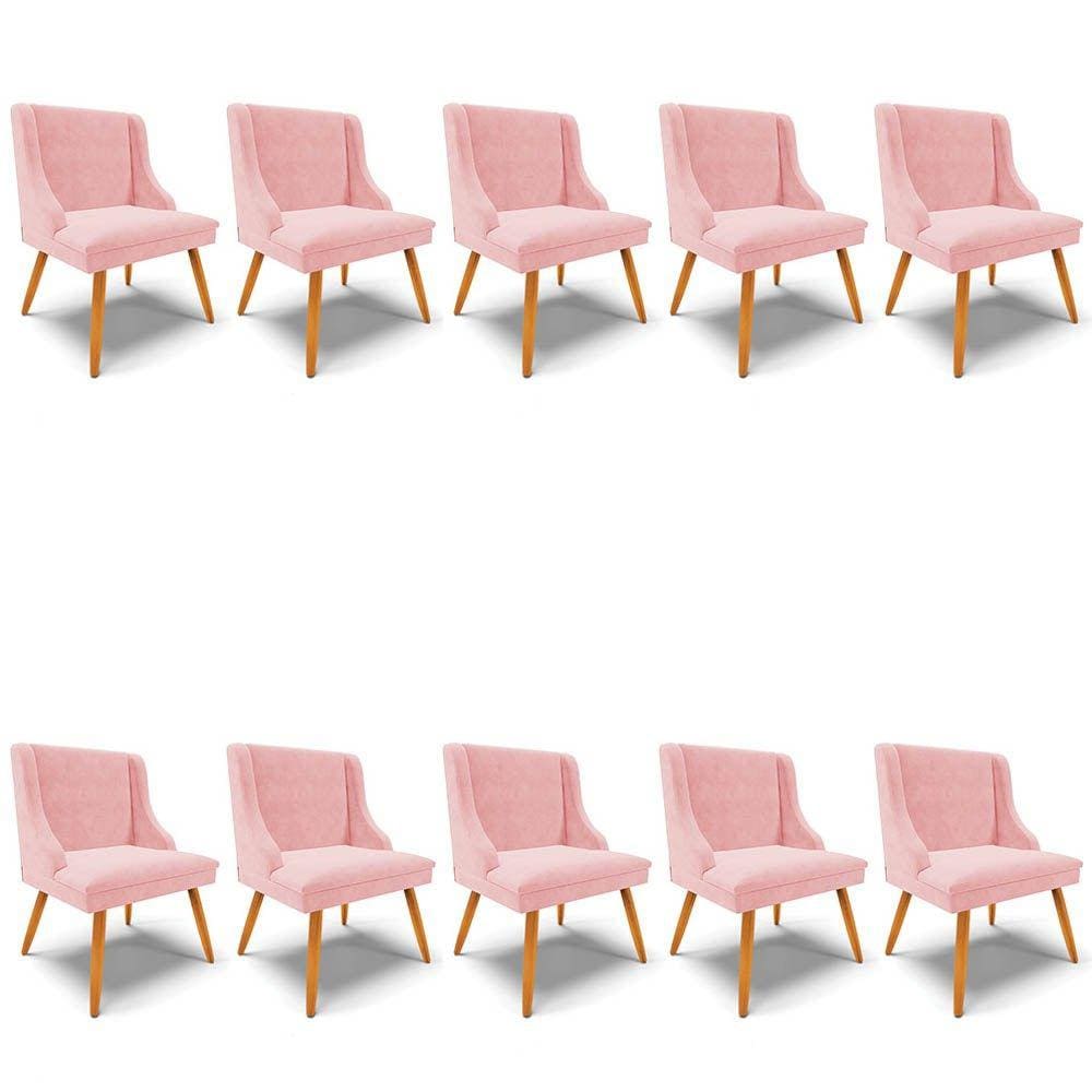 Kit 10 Cadeiras Estofadas para Sala de Jantar Pés Palito Lia Suede Rosa Bebê - Ibiza
