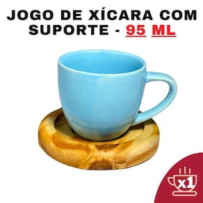 Kit Porta Xícara Circular Com Xícara Em Porcelana Azul 95Ml