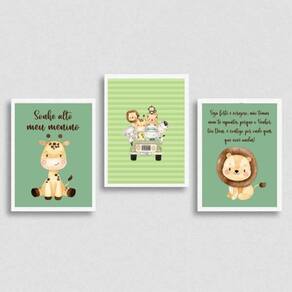 Kit 3 Quadros Tema Safari Infantil Sonhe Alto 45X34Cm Branca
