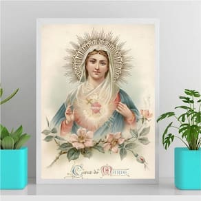 Quadro Sagrado Coração De Maria Vintage 45x34cm Vidro Branca
