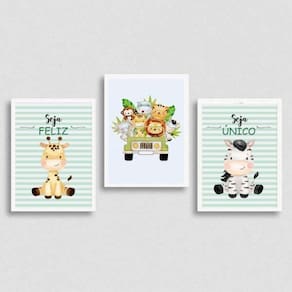 Kit 3 Quadros Safari Infantil 45x34cm Branca