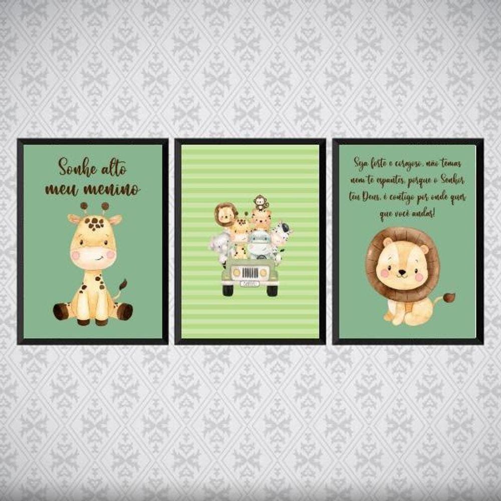 Kit 3 Quadros Safari Infantil 33x24cm - Vidro Preta