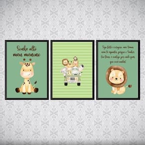 Kit 3 Quadros Safari Infantil 24x18cm Vidro + Moldura Preta