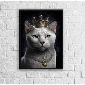 Quadro Gato Branco Com Coroa 33x24cm - Moldura Madeira Preta