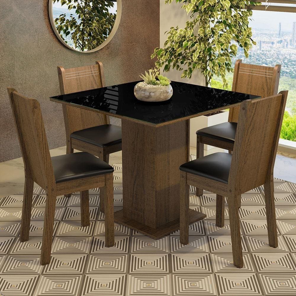 Conjunto Sala De Jantar Mesa Tampo De Vidro 4 Cadeiras Rustic/preto