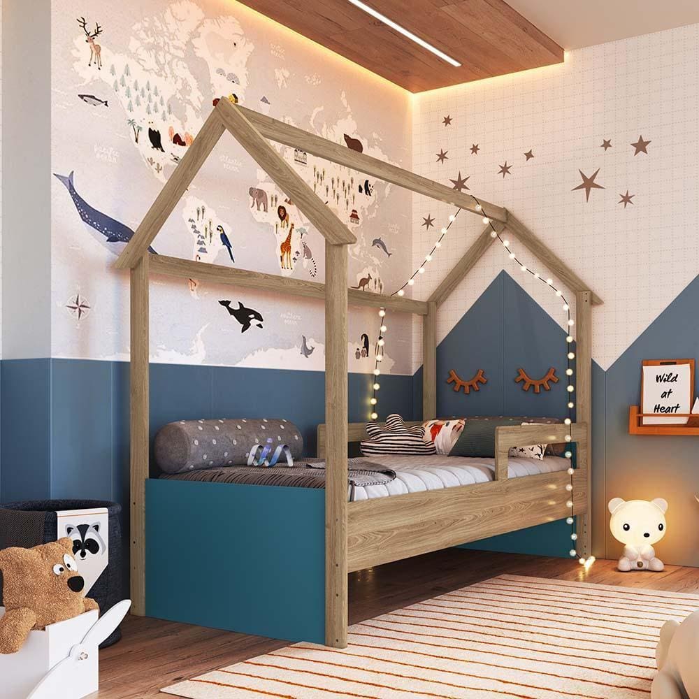 Cama Infantil Casinha Com Colchão Solteiro Aveiro Oak Azul Secreto Sonho Completa Móveis - Marrom