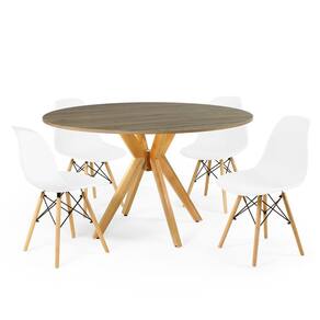 Conjunto Mesa de Jantar Redonda Marci Natural 120cm com 4 Cadeiras Eames Eiffel - Branco