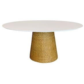 Mesa De Jantar Cone Oval 198x122 Cm Tampo Laca Branca Base Fibra Natural Cor Mocassim